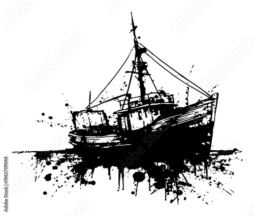 Traditional fishing boat vessel on water in expressive black ink splash and grunge style