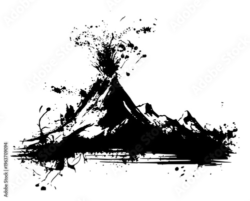Artistic black and white vector illustration of an erupting volcano mountain with dynamic ink splatters