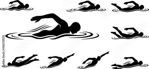 swimmer silhouette swimming freestyle crawl in water vector icon
