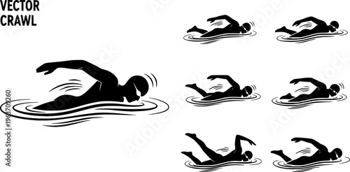swimmer silhouette swimming freestyle crawl in water vector icon

