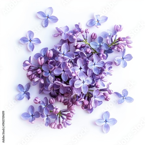 Beautiful purple lilac flowers and petals arranged on a clean white background, creating a delicate and romantic floral composition