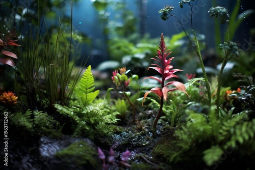 Lush green and red plants thriving in a vibrant, glowing fantasy forest environment