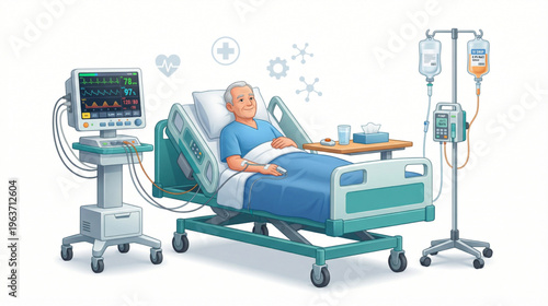 Elder man patient in medical bed with vital signs monitor and intravenous therapy, cartoon vector
