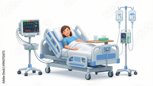 Cartoon female patient in hospital bed with medical monitor and IV drip, vector illustration