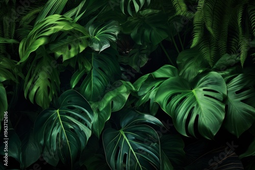 Dark green tropical monstera and fern leaves filling the frame