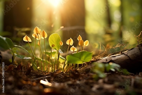 Young plants and fungi emerging from the forest floor, bathed in warm morning light