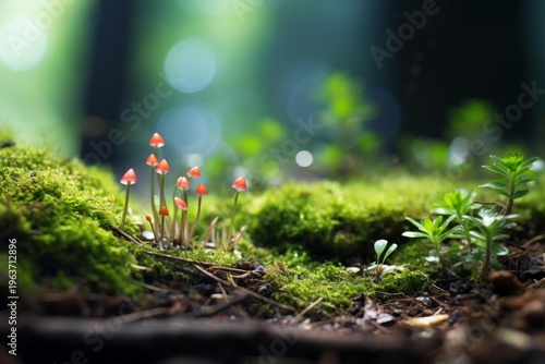 Group of small red fungi thriving on green moss in a natural forest environment