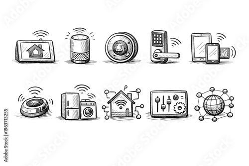 Collection of hand-drawn icons representing smart home devices and connectivity