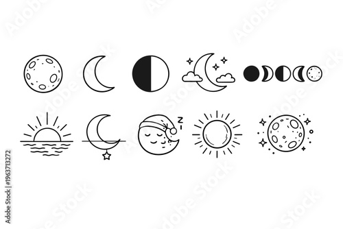Collection of celestial body icons representing sun, moon phases, and starry night sky