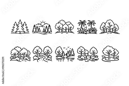 Collection of simple black outline forest and nature landscape icons