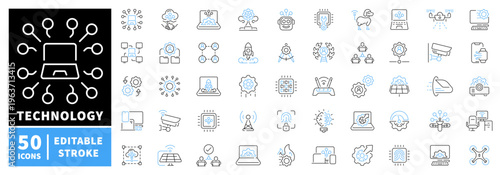 Technology editable line icons set: digital devices and innovation symbols