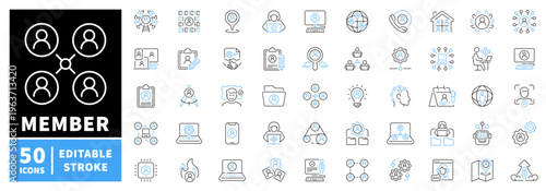 Membership editable line icons set: user, profile, and community symbols