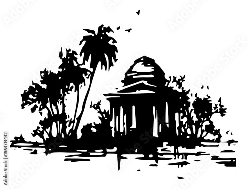Park pavilion gazebo silhouette surrounded by trees and birds near water