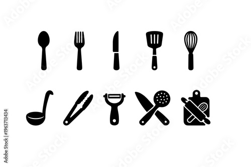 Collection of black kitchen utensil icons on a white background