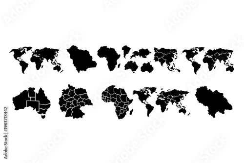 Collection of world maps and country outlines in black and white silhouette