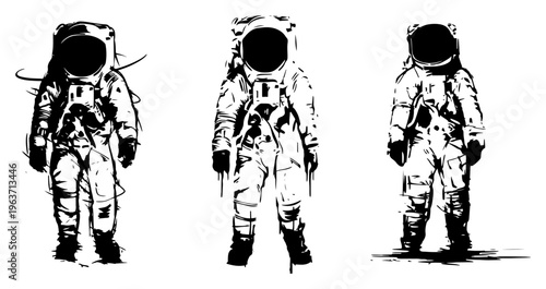 Three standing astronauts in space suits black and white vector illustration with grunge ink style