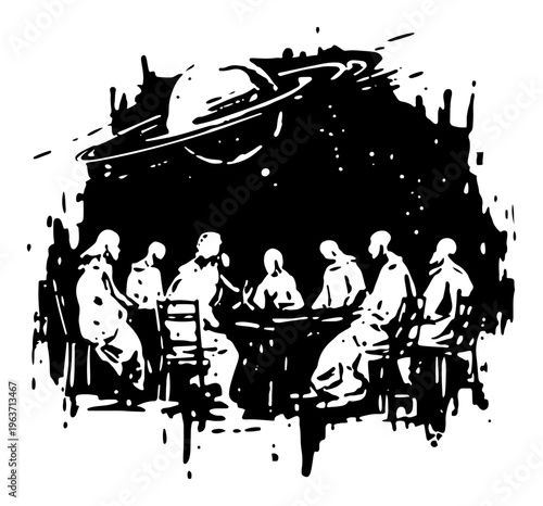Surreal space council meeting around table with giant planet saturn overhead vector illustration