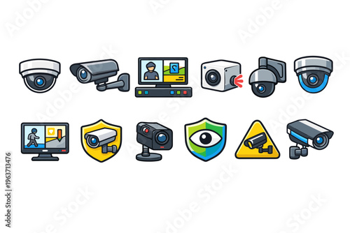 Collection of colorful security camera icons representing surveillance and monitoring systems