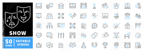 Theatre and art editable line icons set. performance and entertainment symbols