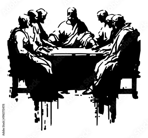 Biblical scene of apostles sitting at the table in black and white grunge vector style