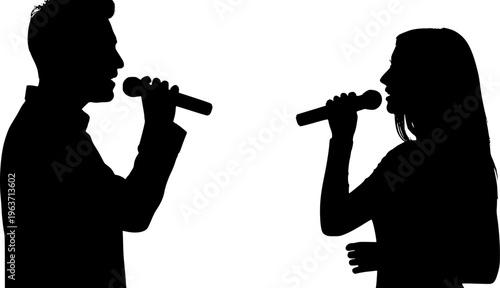 silhouette of a man and women with a microphone
