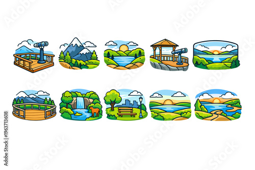Collection of scenic landscape illustrations with observation decks and natural elements