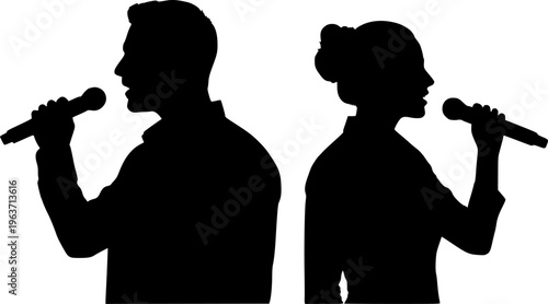 silhouette of a man and women with a microphone
