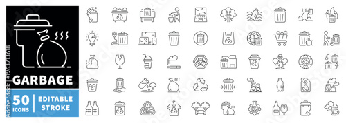 Garbage and recycling icons set. editable line icons, outline, waste management symbols