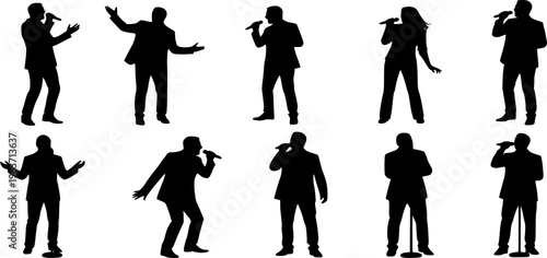 silhouette of a man and women with a microphone
