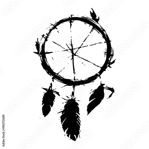 Native American dreamcatcher with feathers in black and white grunge vector style