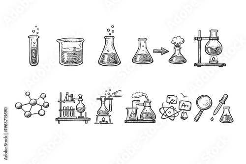 Hand-drawn science icons depicting chemistry experiments and molecular structures