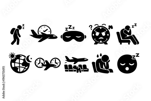 Collection of icons illustrating travel fatigue, jet lag, and sleep deprivation
