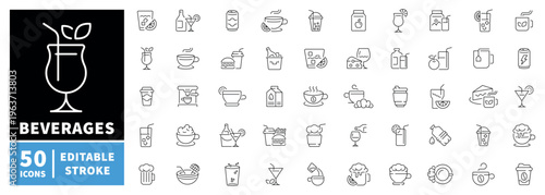 Beverage icons set. editable line icons, outline for drinks and refreshments