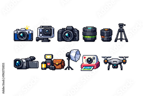 Pixel art collection of various photography and videography equipment on a white background