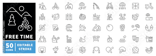 Free time icons set. editable line icons, linear leisure and activity symbols