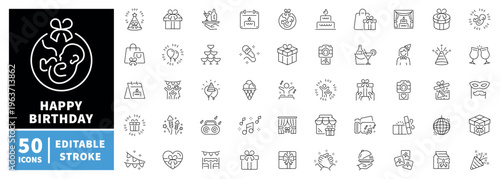 Birthday celebration icons set. editable line icons, outline, party, gifts, and fun