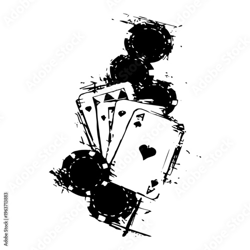 Stylized vector illustration of playing cards and poker chips with grunge paint splatters