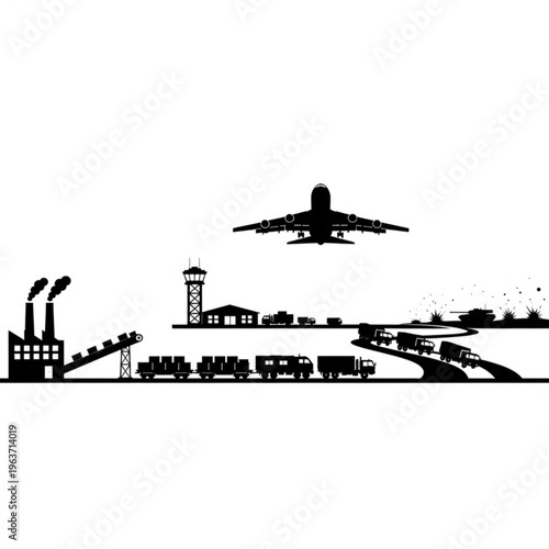 Silhouette of industrial and military elements including a factory, train, airport, and vehicles on a road, depicting integrated logistics and infrastructure.
