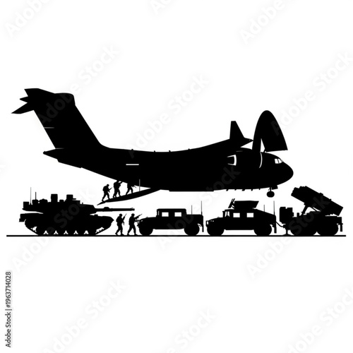 Silhouette of a cargo plane being loaded with military vehicles including a tank, humvees, and a missile launcher, showcasing military deployment.