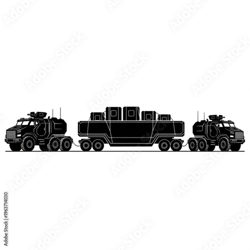 Silhouette illustration of two heavy-duty military trucks towing a large modular cargo trailer, representing heavy transport and logistics.