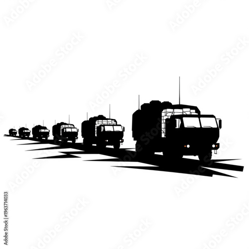 Black silhouette of a convoy of military trucks driving on a road, symbolizing logistics and transportation in a strategic operation.