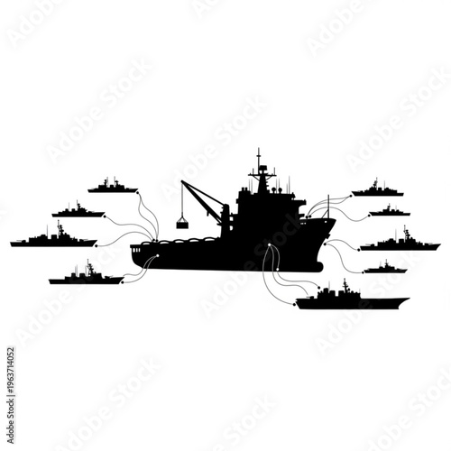 Black silhouette of a large naval supply ship with crane, supporting a fleet of smaller warships, illustrating strategic maritime logistics and naval operations.