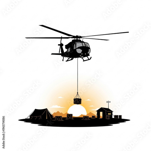 Black silhouette illustration of a helicopter carrying cargo over a military base at sunset, depicting essential air support, logistics, and supply delivery in a remote or conflict zone.