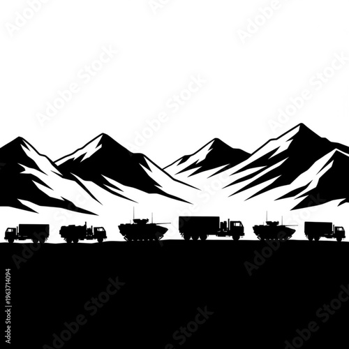 Black silhouette illustration of various military vehicles, including tanks and trucks, moving across a rugged mountain landscape, emphasizing ground forces and strategic deployment.