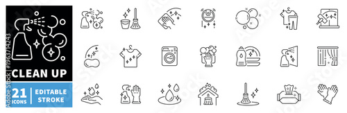 Cleaning icons set. editable line icons for housekeeping and sanitation