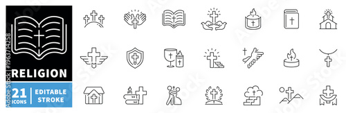 Religion icons set. editable line icons, outline, spiritual, faith symbols