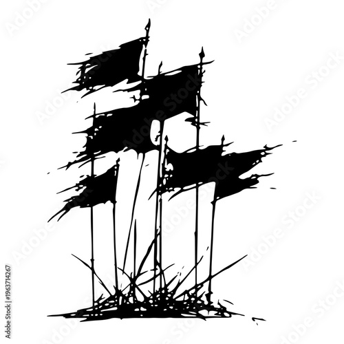 Several tattered flags on poles in a field with a grunge ink style