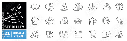 Sterility icons set. editable line icons, clean, hygiene and sanitation symbols