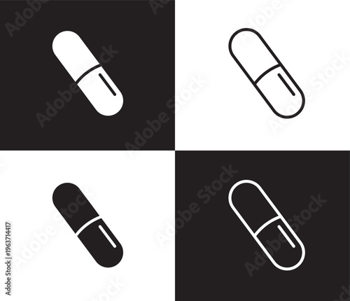 pill icon. Outline and filled pill icon from medical collection. Thin line and Solid vectors isolated on black, white background. Editable pill symbol