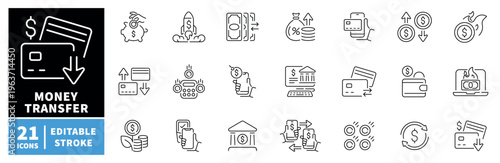 Money transfer icons set. editable line icons, banking, finance symbols